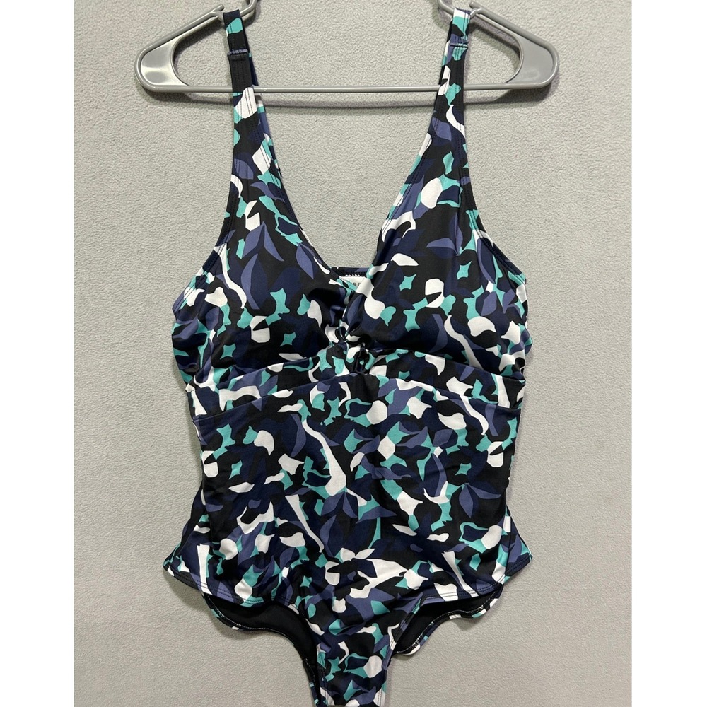 Serra One Piece Swimsuit Womens XL Blue Teal Abstract Camo V-Neck Beach Pool NWT